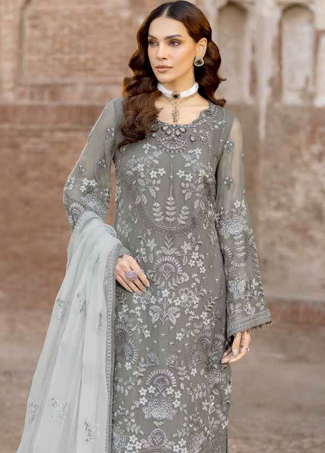 Safeera by Flossie Embroidered Chiffon Suits Unstitched 3 Piece FL24SF S-1308 Stormy Grey - Luxury Collection