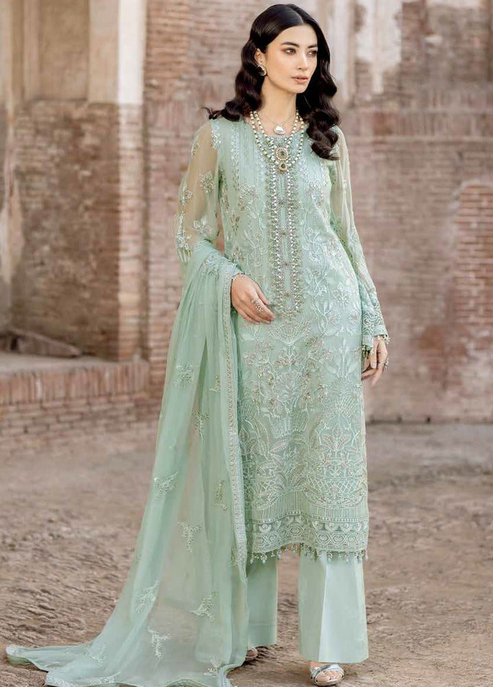 Safeera by Flossie Embroidered Chiffon Suits Unstitched 3 Piece FL24SF S-1309 Snow Pea - Luxury Collection