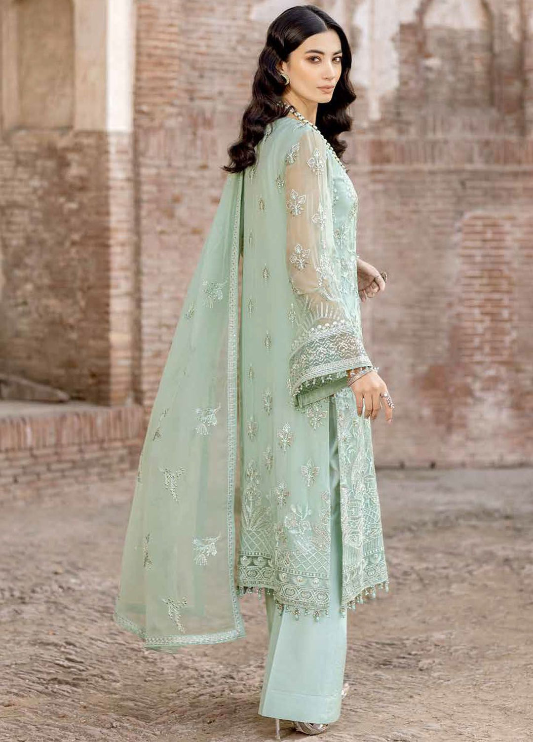 Safeera by Flossie Embroidered Chiffon Suits Unstitched 3 Piece FL24SF S-1309 Snow Pea - Luxury Collection