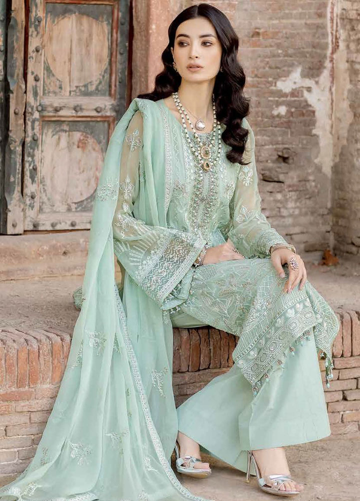 Safeera by Flossie Embroidered Chiffon Suits Unstitched 3 Piece FL24SF S-1309 Snow Pea - Luxury Collection