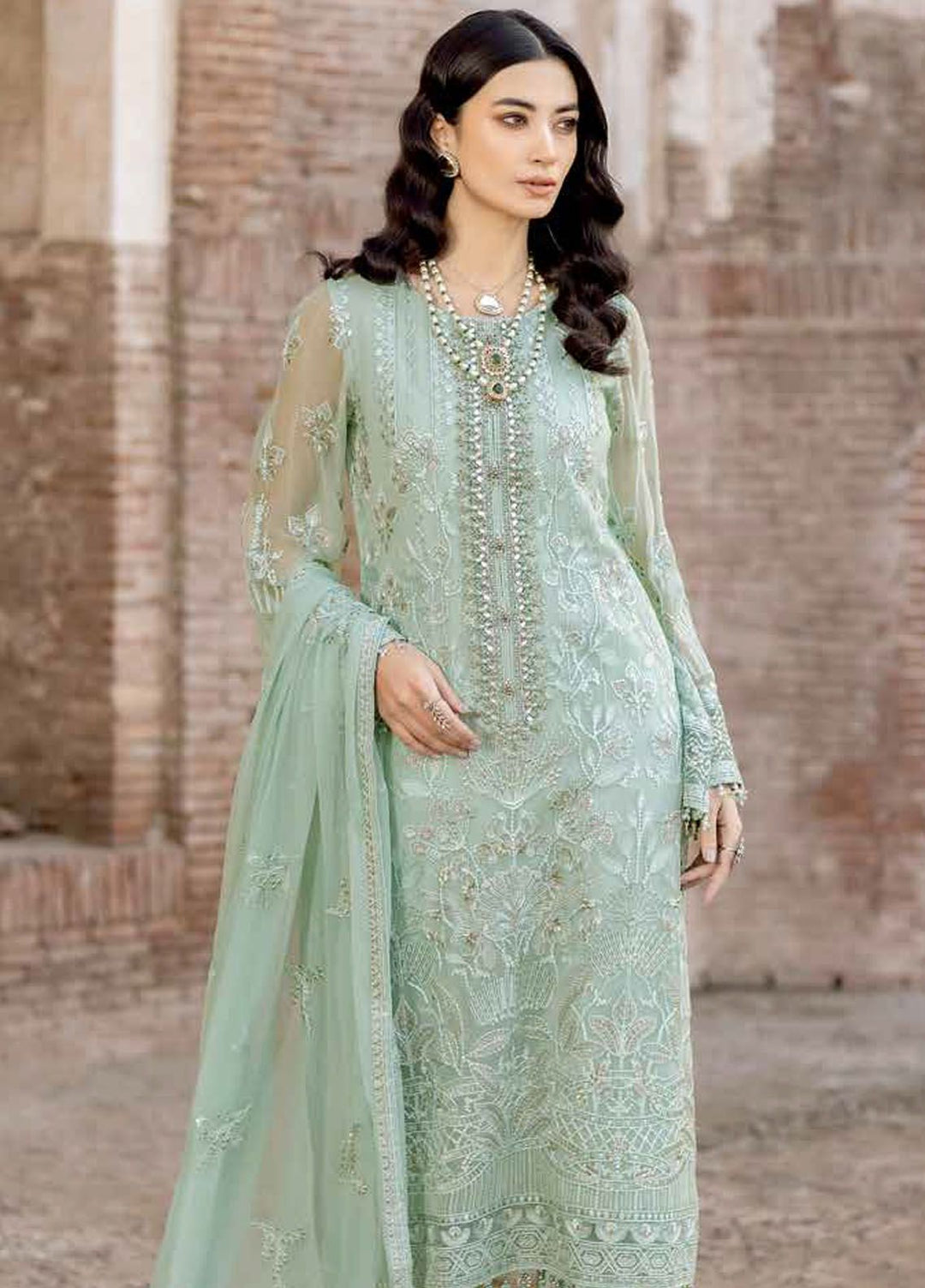 Safeera by Flossie Embroidered Chiffon Suits Unstitched 3 Piece FL24SF S-1309 Snow Pea - Luxury Collection