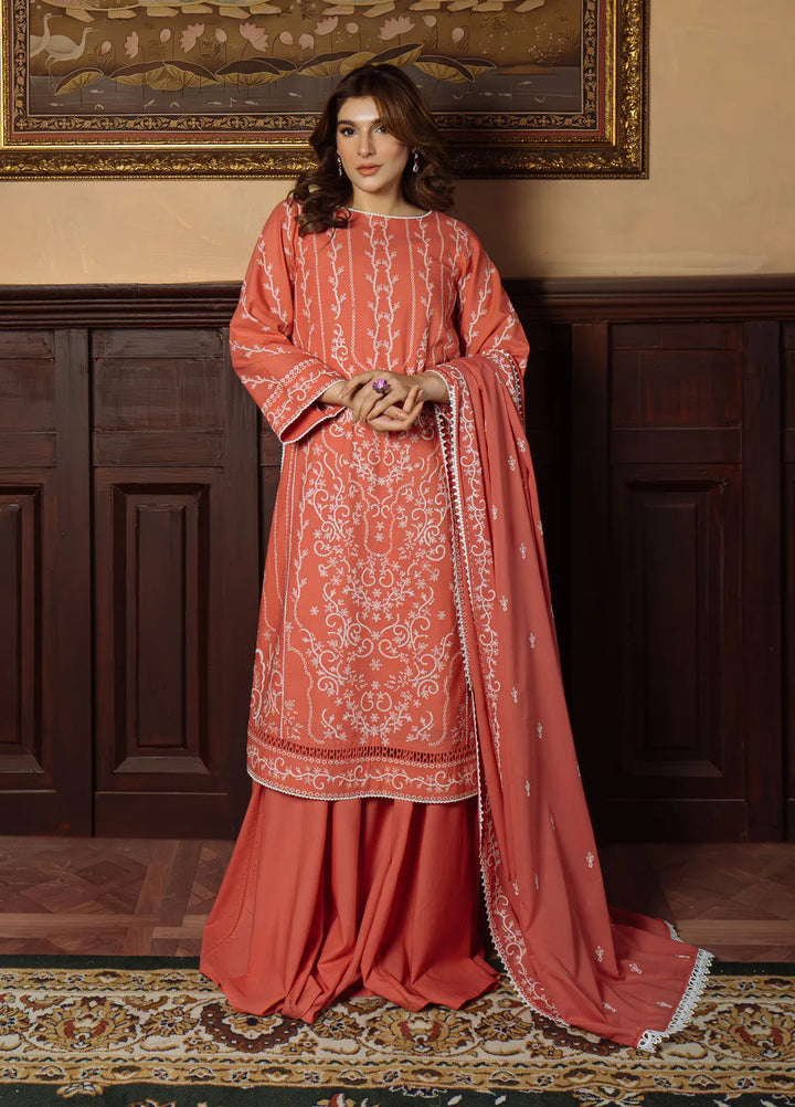 Sahar Embroidered Chikankari Suit Unstitched 3 Piece CK-25-V1-02 Gilded Coral - Festive Collection