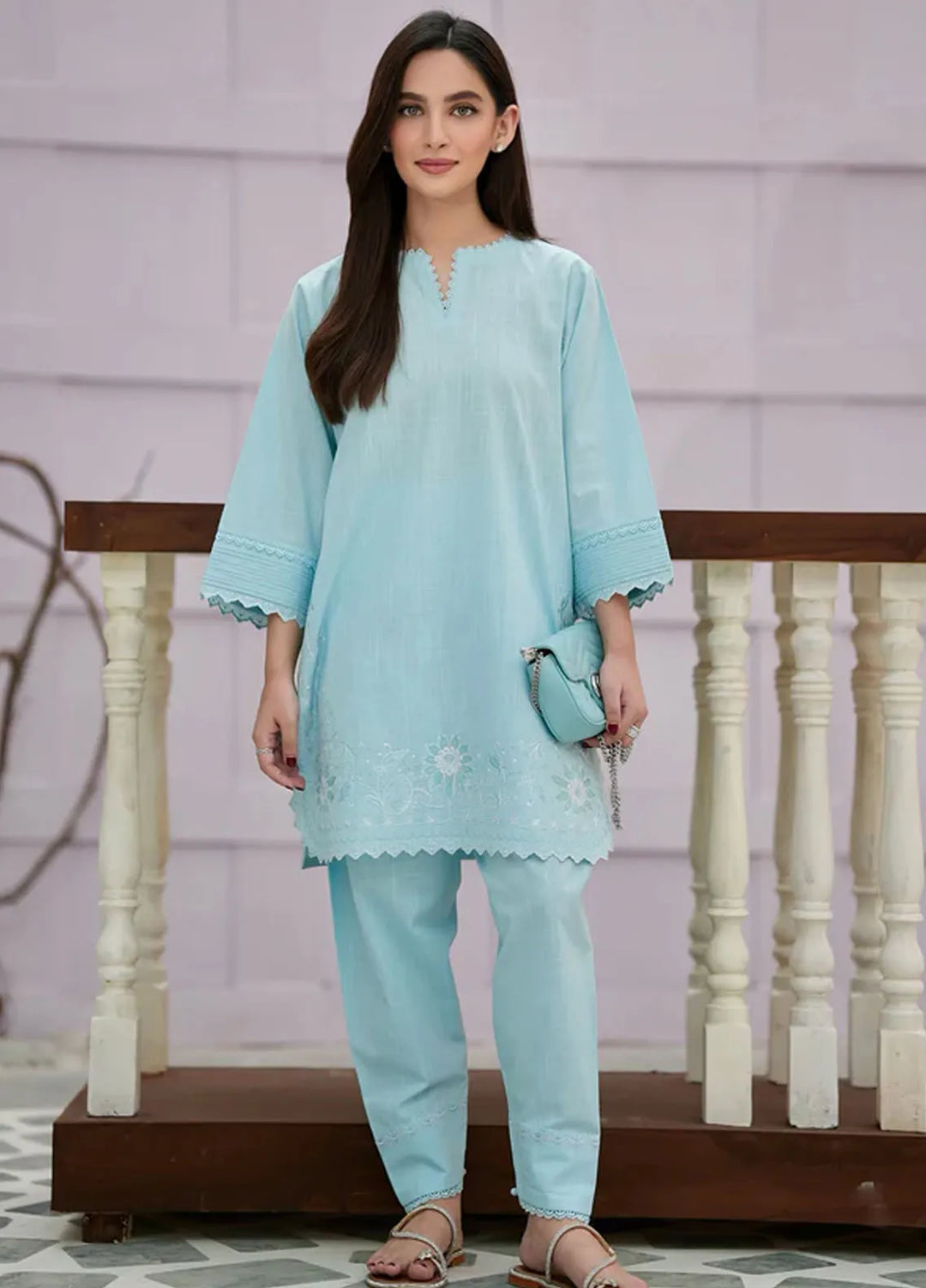 Sahar Pret Embroidered Cross Slub 2 Piece Suit AWCH-24-RK-V1-01 Sky Garden
