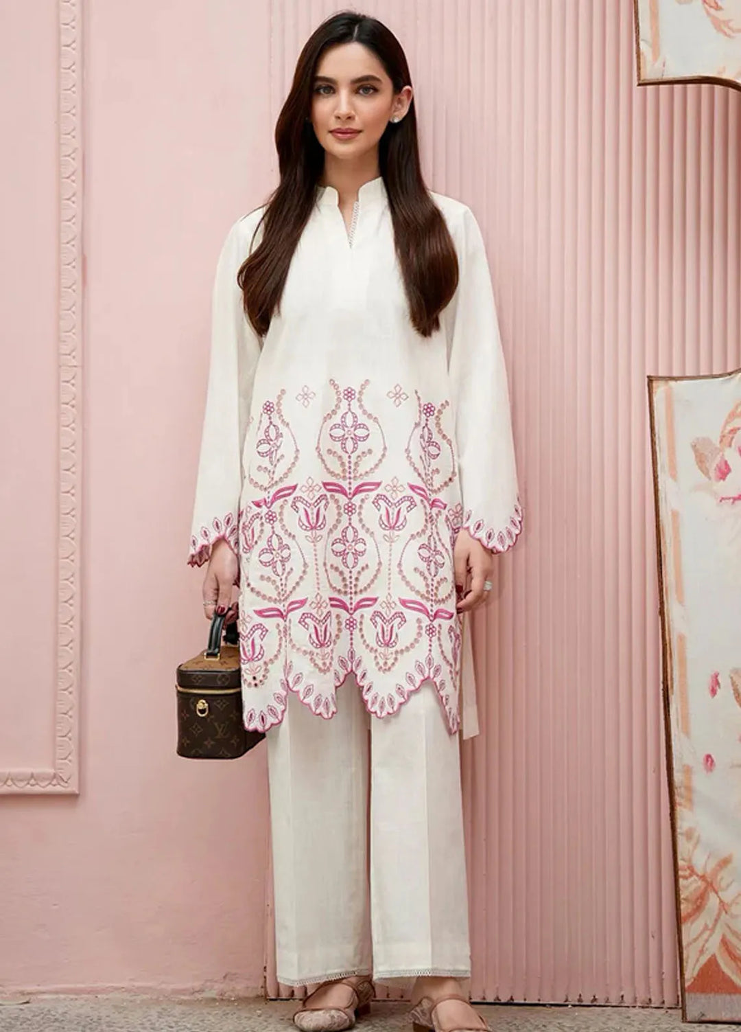 Sahar Pret Embroidered Cross Slub 2 Piece Suit AWCH-24-RR-V1-03 Vanilla Veil