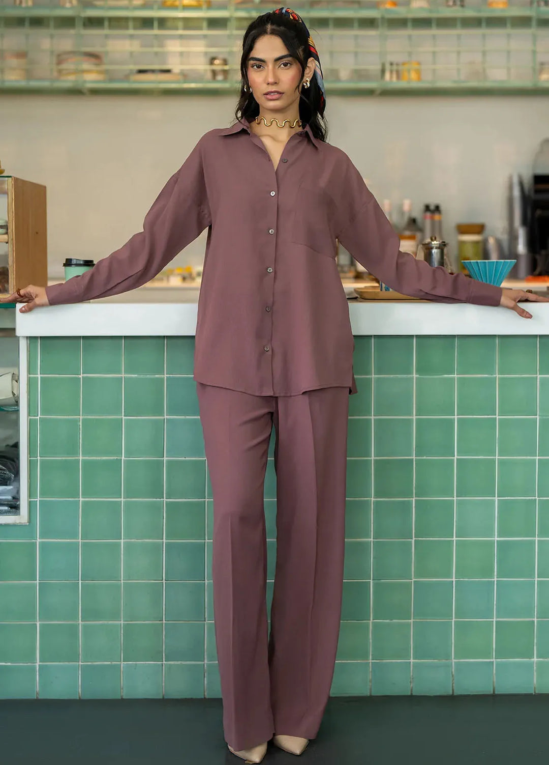 Sahar Pret Casual Cotton Crepe 2 Piece Suit SSCR-RR-06 Mulberry