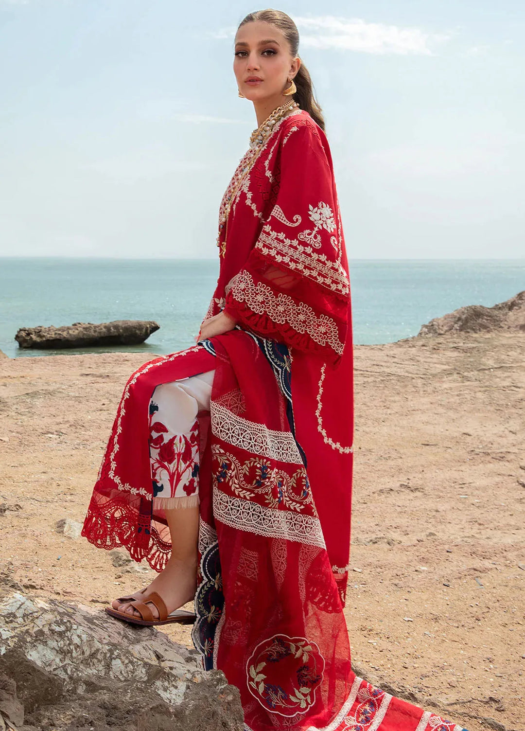 Saira Shakira Embroidered Lawn Suits Unstitched 3 Piece SSR24C Stars of Fire-Flame red - Summer Collection