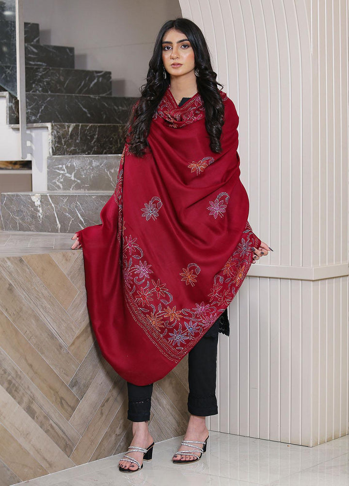 Sanaulla Exclusive Range  Pashmina  Shadow Emb Paala KPS-08 Mahroon03 - Women Shawls
