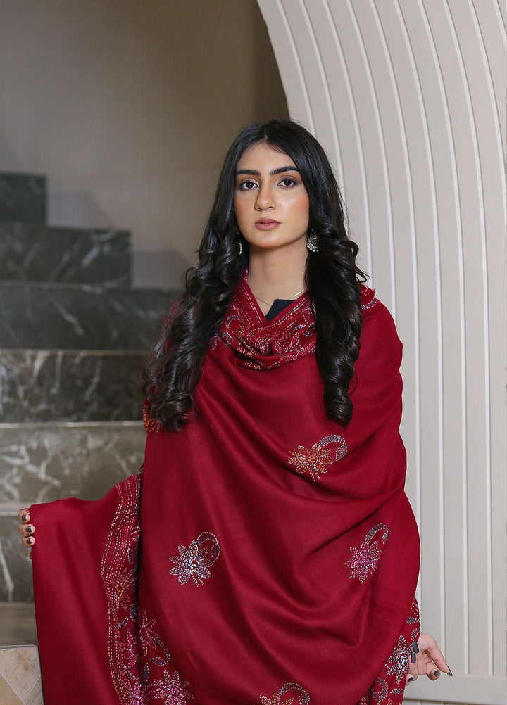 Sanaulla Exclusive Range  Pashmina  Shadow Emb Paala KPS-08 Mahroon03 - Women Shawls