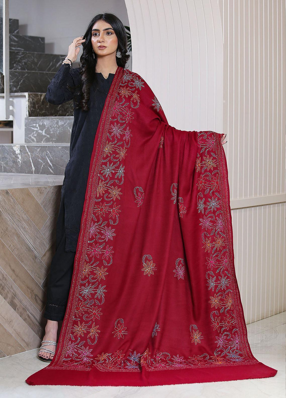 Sanaulla Exclusive Range  Pashmina  Shadow Emb Paala KPS-08 Mahroon03 - Women Shawls