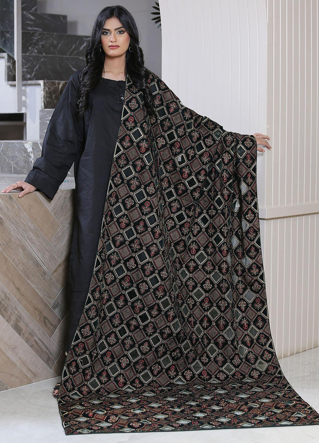 Sanaulla Exclusive Range  Pashmina  Velvet D No J-1 KPS-41 Green - Women Shawls