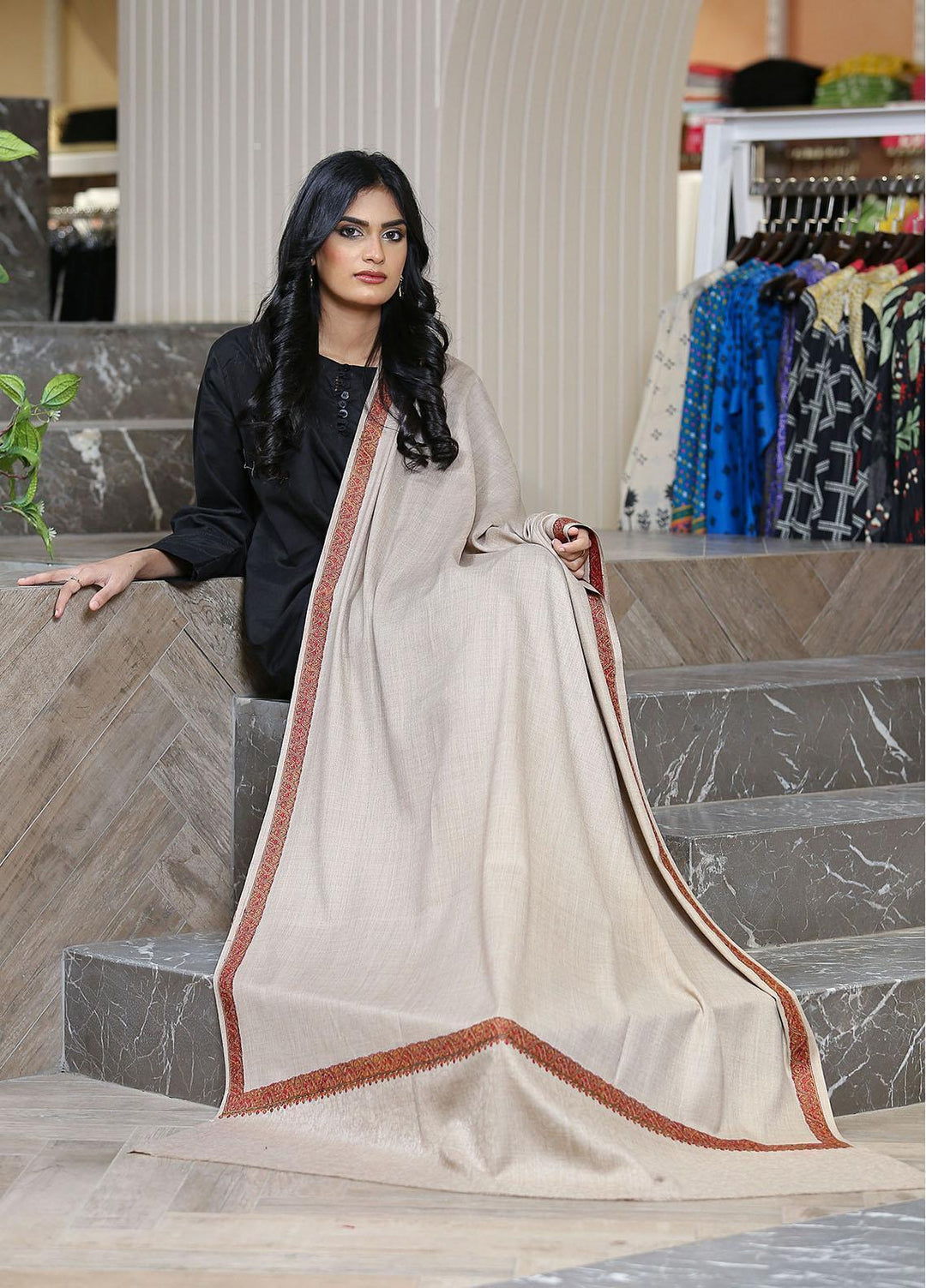 Sanaulla Exclusive Range  Pashmina  Mama D-11 Beige 01 - Women Shawls