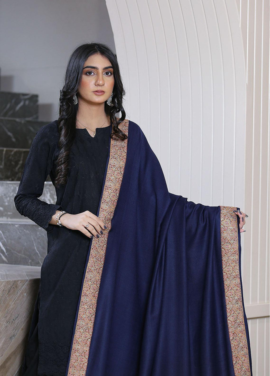 Sanaulla Exclusive Range  Pashmina  Mama D-12 N Blue - Women Shawls