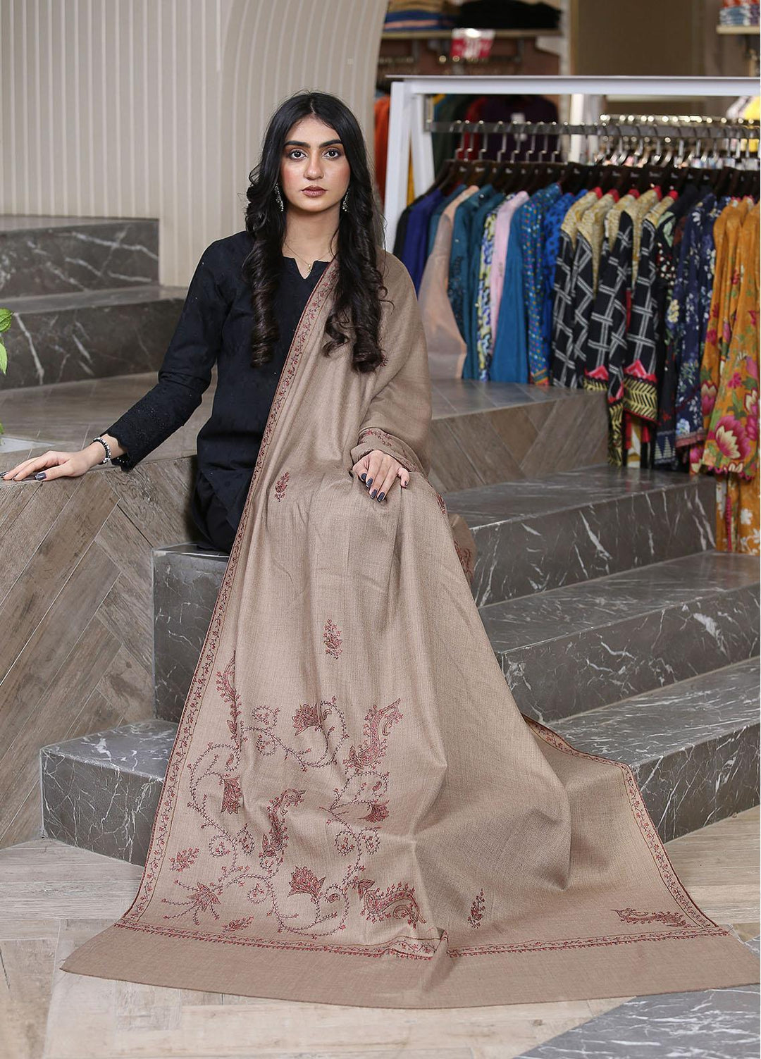 Sanaulla Exclusive Range  Pashmina  KPS 781 D-40 Brown 2 - Women Shawls