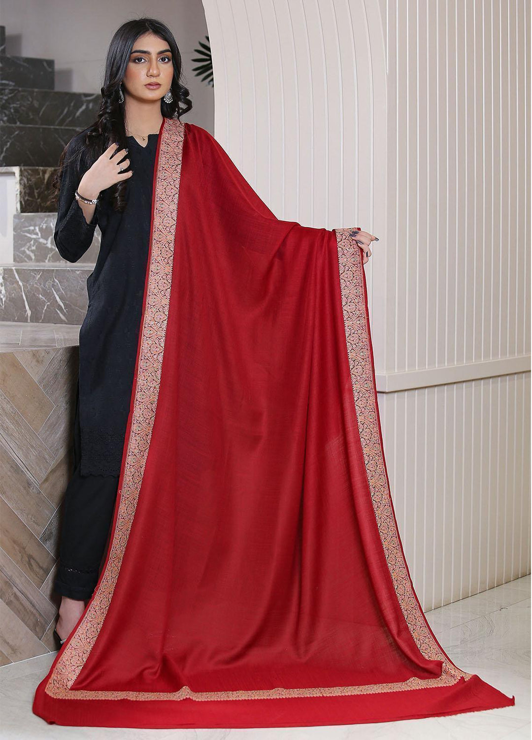 Sanaulla Exclusive Range  Pashmina  Mama D-12 Maroon - Women Shawls