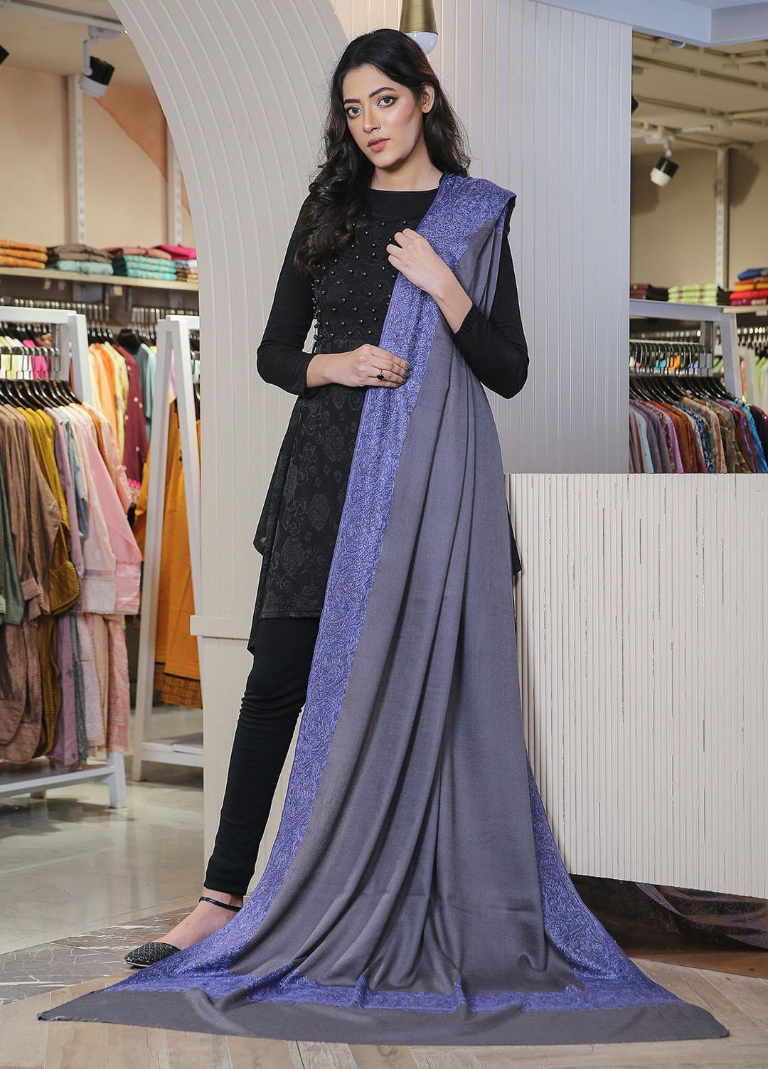 Sanaulla Exclusive Range  Pashmina  Mama D-19 Grey - Women Shawls