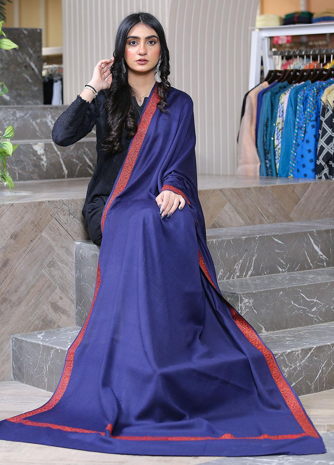 Sanaulla Exclusive Range  Pashmina  Mama D-35 N Blue 02 - Women Shawls