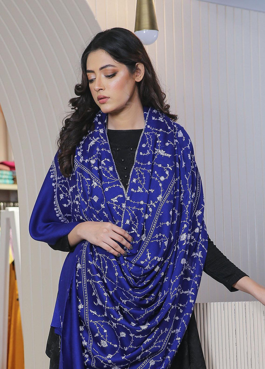 Sanaulla Exclusive Range  Pashmina  Mama D-20 Royal Blue - Women Shawls