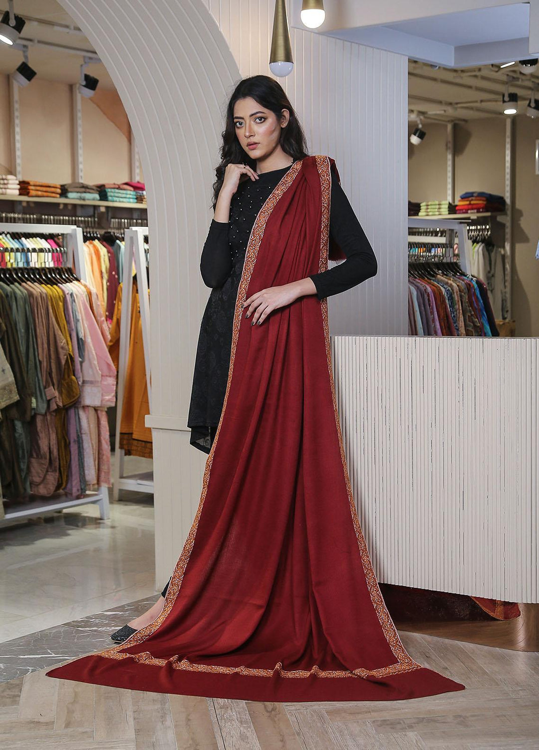 Sanaulla Exclusive Range  Pashmina  Mama D-21 Maroon - Women Shawls