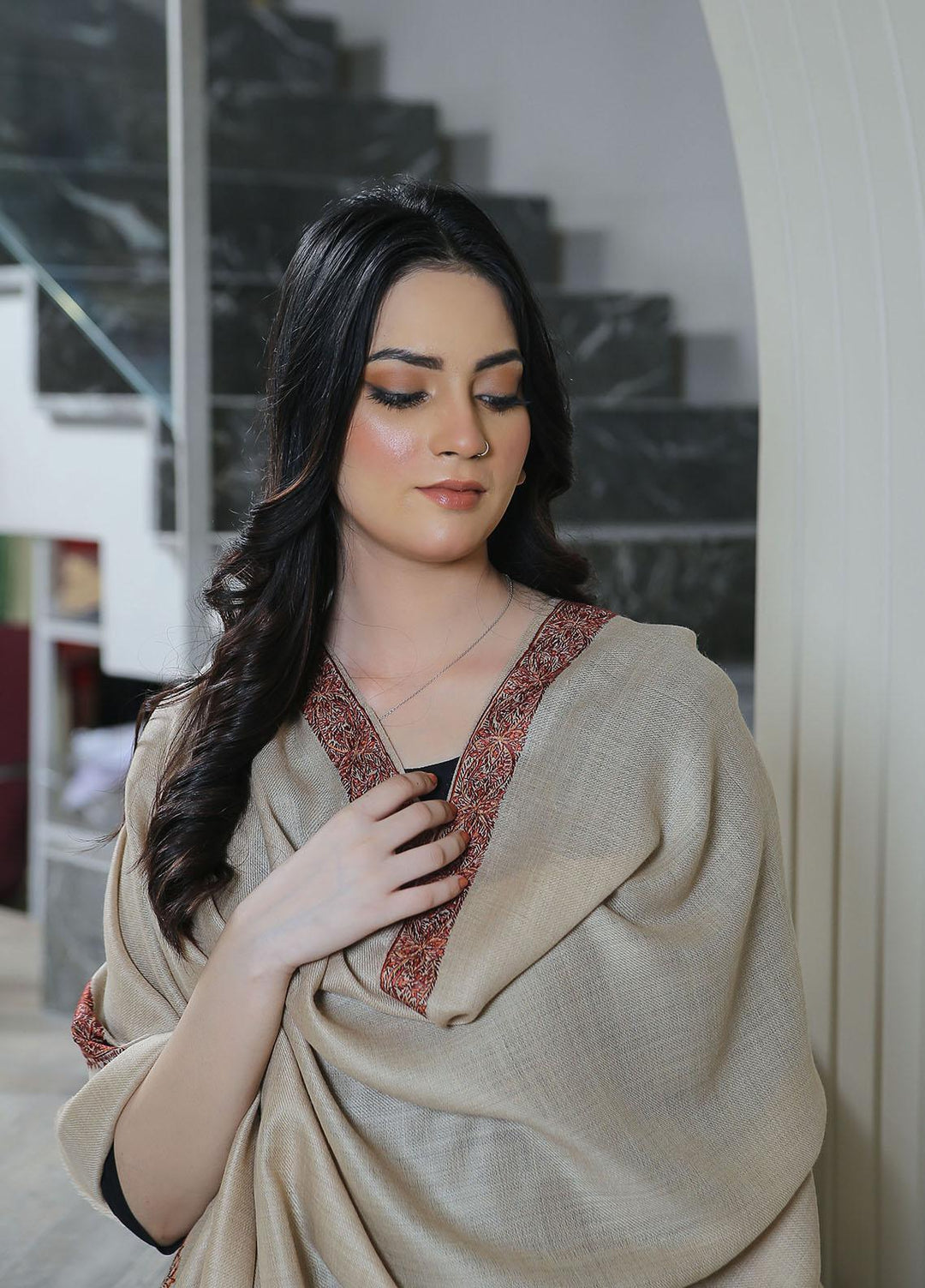 Sanaulla Exclusive Range  Pashmina  Mama D-45 Fawn 01 - Women Shawls