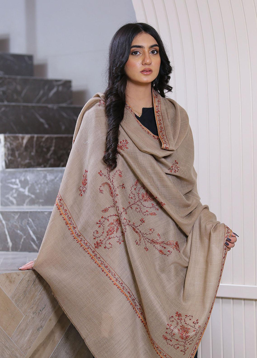 Sanaulla Exclusive Range  Pashmina  Mama D-42 L Brown 01 - Women Shawls