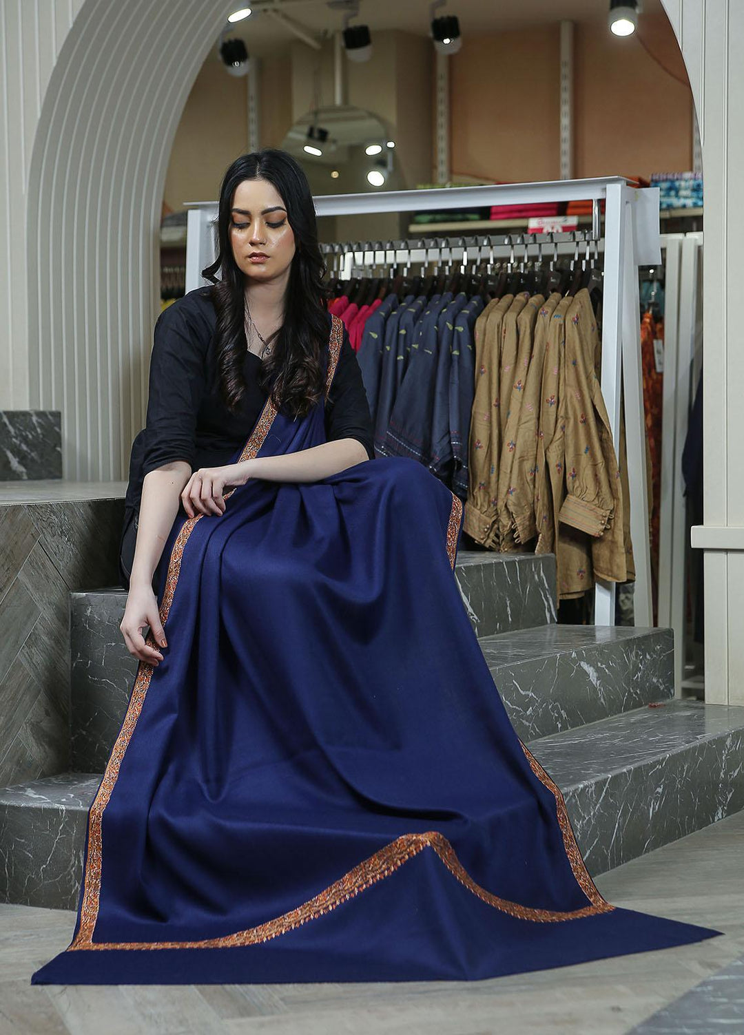 Sanaulla Exclusive Range  Pashmina  Mama D-45 N Blue - Women Shawls