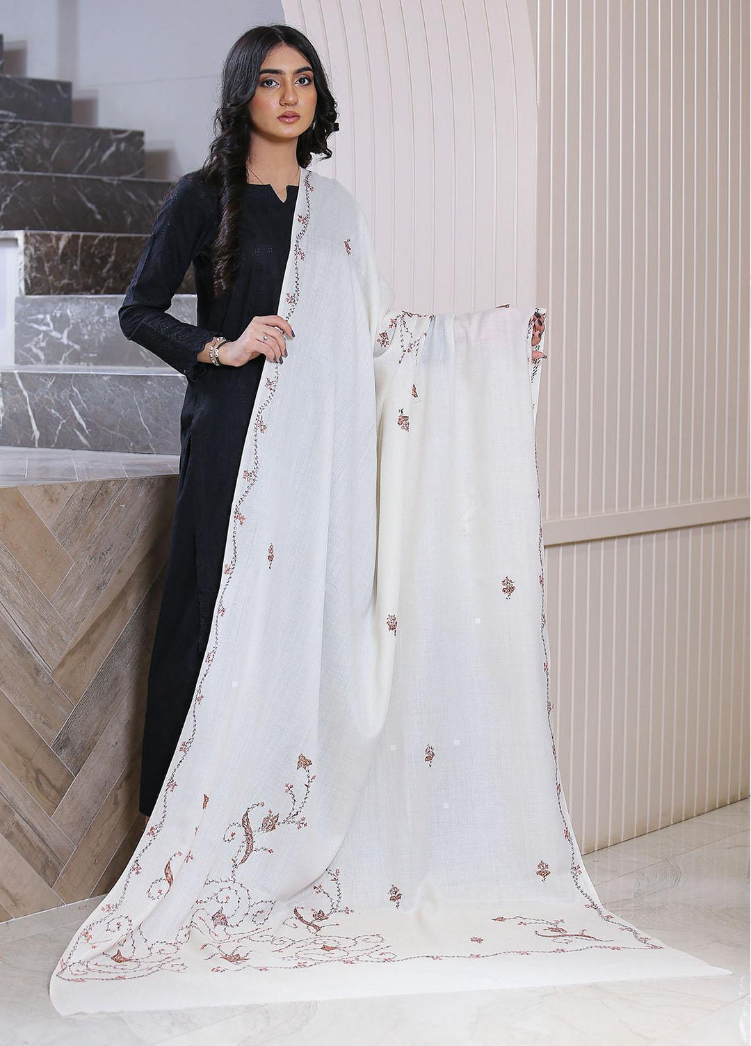 Sanaulla Exclusive Range  Pashmina  Mama D-42 Off White 02 - Women Shawls