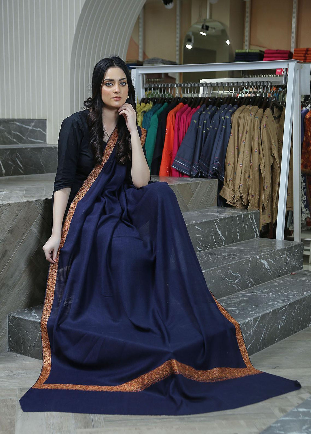 Sanaulla Exclusive Range  Pashmina  Mama D-45 N Blue 01 - Women Shawls