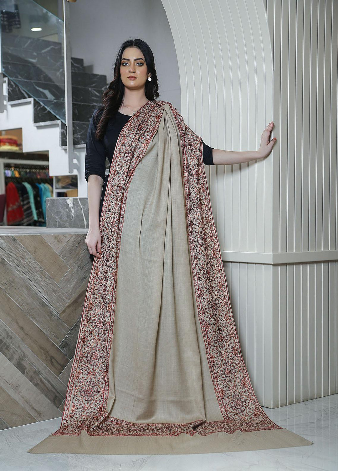 Sanaulla Exclusive Range  Pashmina  KPS 781 D-09 Fawn 3 - Women Shawls