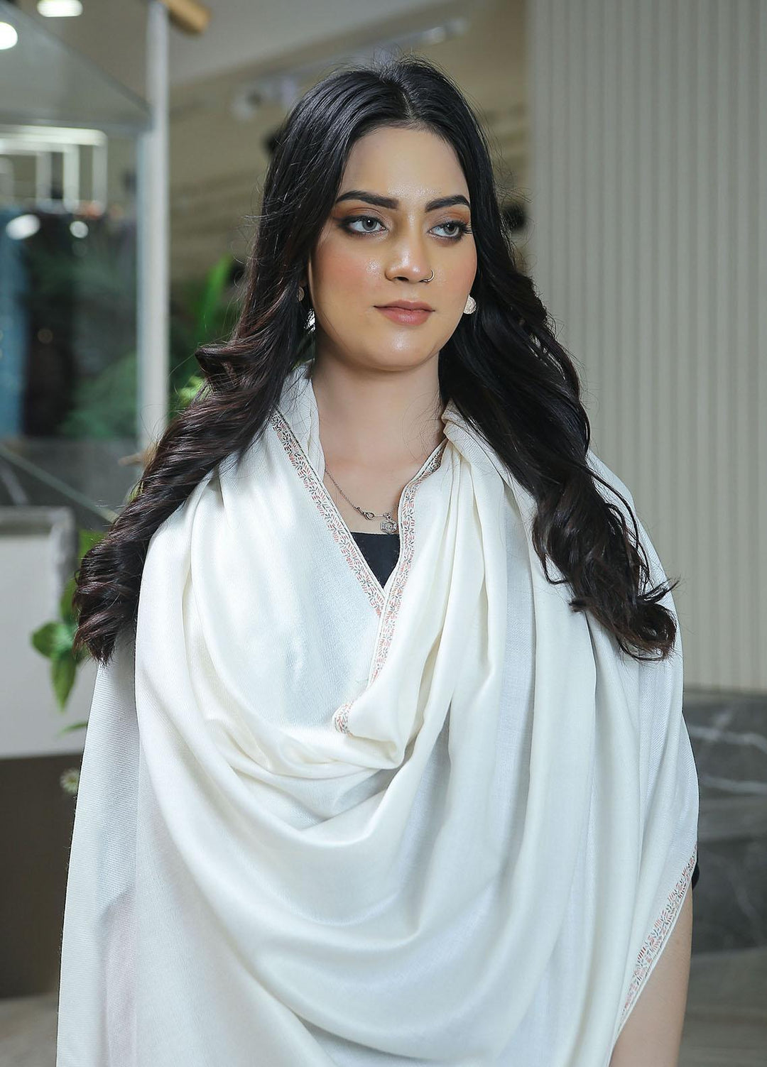 Sanaulla Exclusive Range  Pashmina  KPS 781 D-15 Off White 1 - Women Shawls