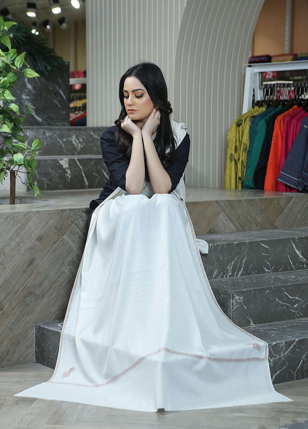 Sanaulla Exclusive Range  Pashmina  KPS 781 D-15 Off White 1 - Women Shawls