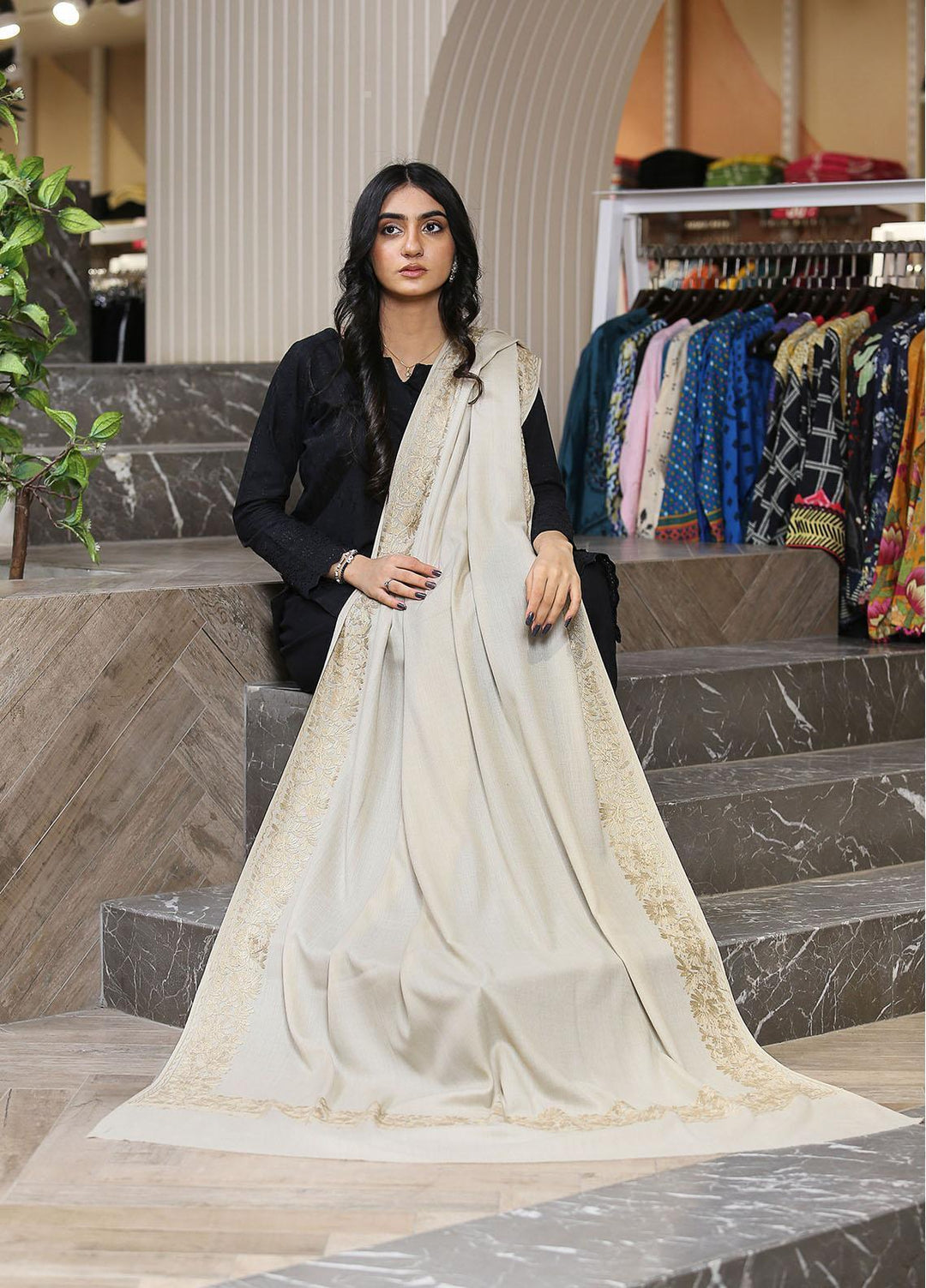 Sanaulla Exclusive Range  Pashmina  KPS 781 D-01 Fawn 2 - Women Shawls