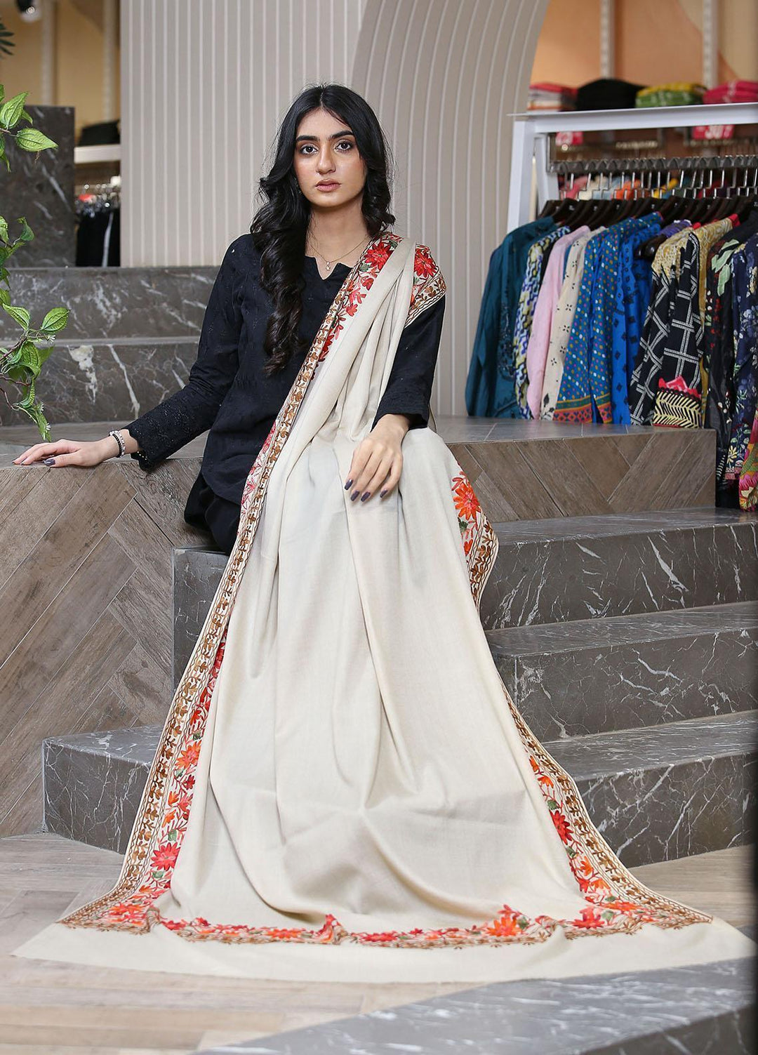 Sanaulla Exclusive Range  Pashmina  KPS 781 D-01 Fawn 4 - Women Shawls