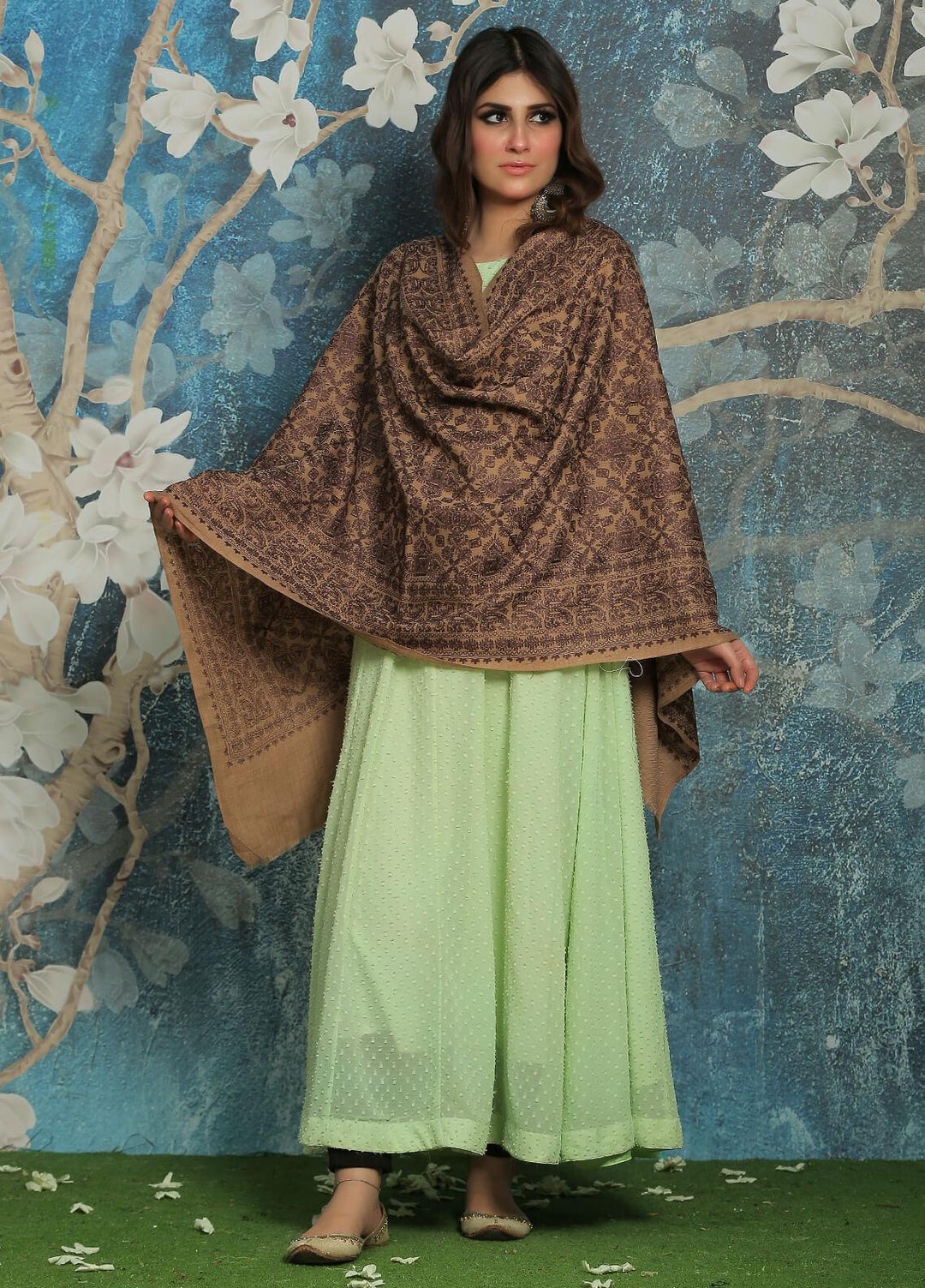 Sanaulla Exclusive Range  Pashmina  Shawl SU21PP AKP-23 L Brown-7 - Pure Pashmina Shawls