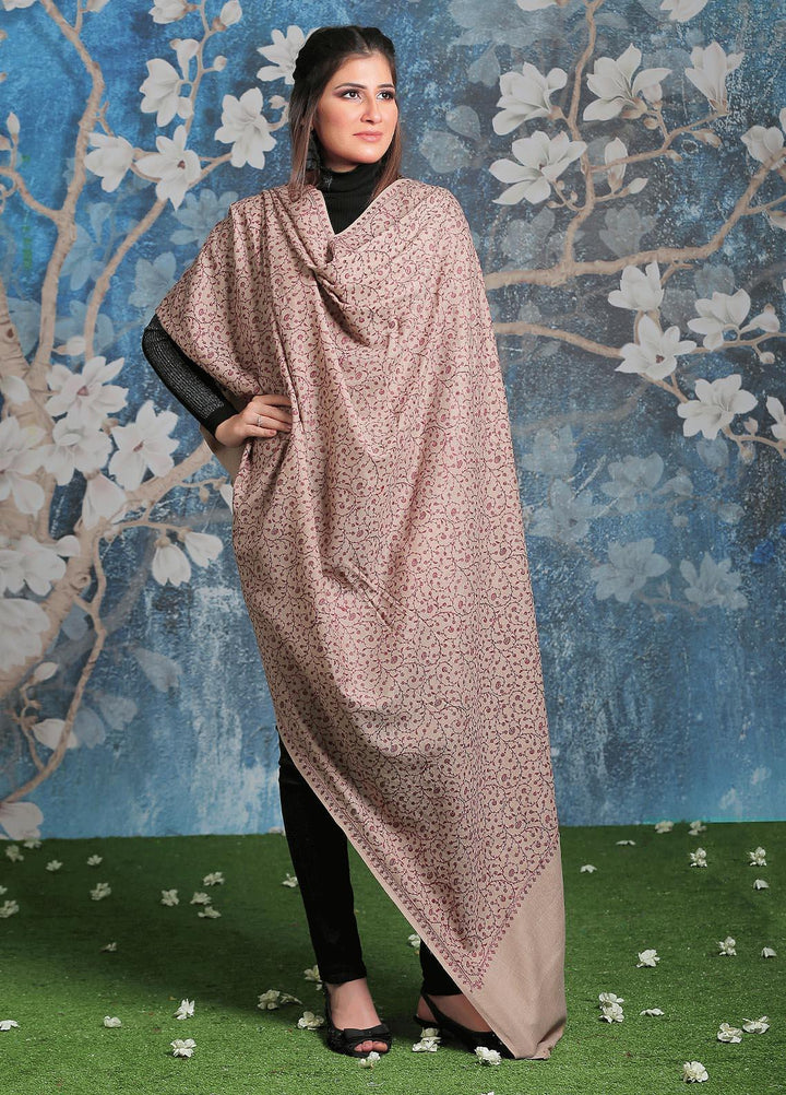 Sanaulla Exclusive Range Embroidered Pashmina  Shawl AKP-01 Beige - Pashmina Shawls