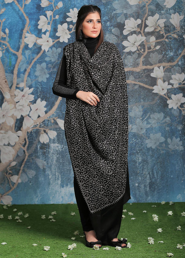Sanaulla Exclusive Range Embroidered Pashmina  Shawl AKP-01 Black-2 - Pashmina Shawls