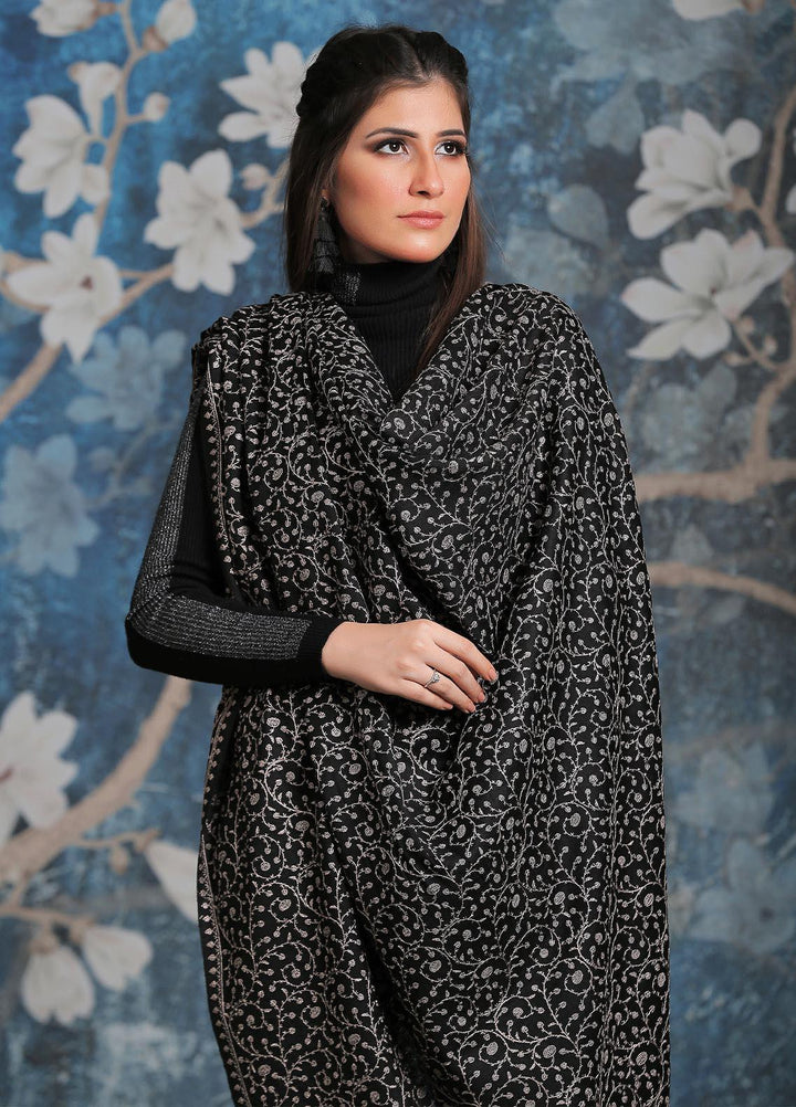 Sanaulla Exclusive Range Embroidered Pashmina  Shawl AKP-01 Black-2 - Pashmina Shawls