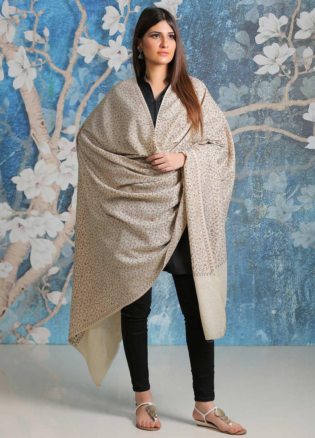 Sanaulla Exclusive Range Embroidered Pashmina  Shawl SU21PP AKP-01 Cream-1 - Pure Pashmina Shawls
