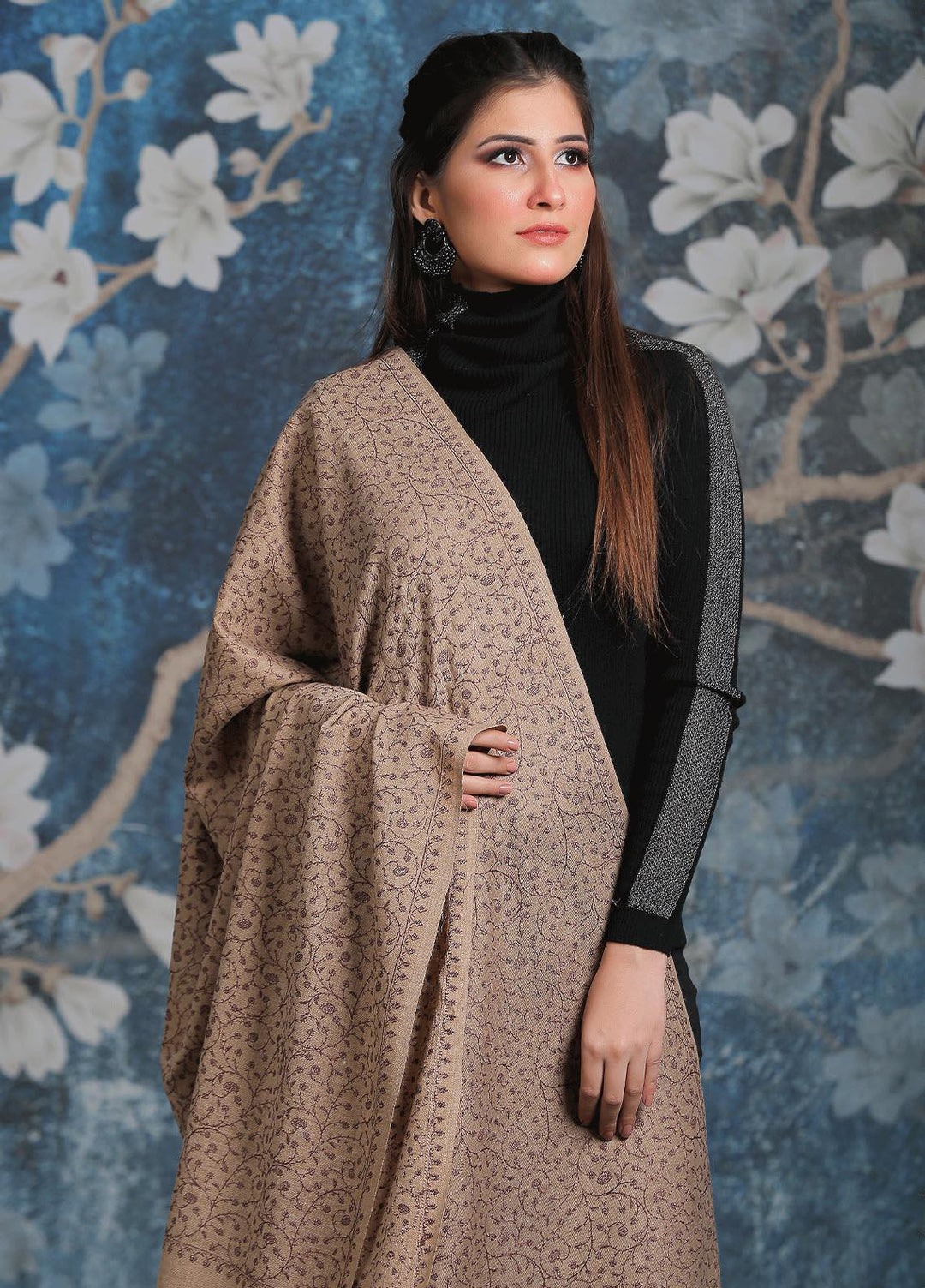 Sanaulla Exclusive Range Embroidered Pashmina  Shawl AKP-01 Fawn 2 - Pashmina Shawls