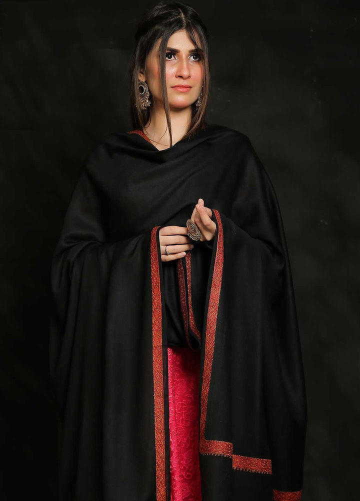 Sanaulla Exclusive Range Embroidered Pashmina  Shawl AKP-04 Black - Pashmina Shawls