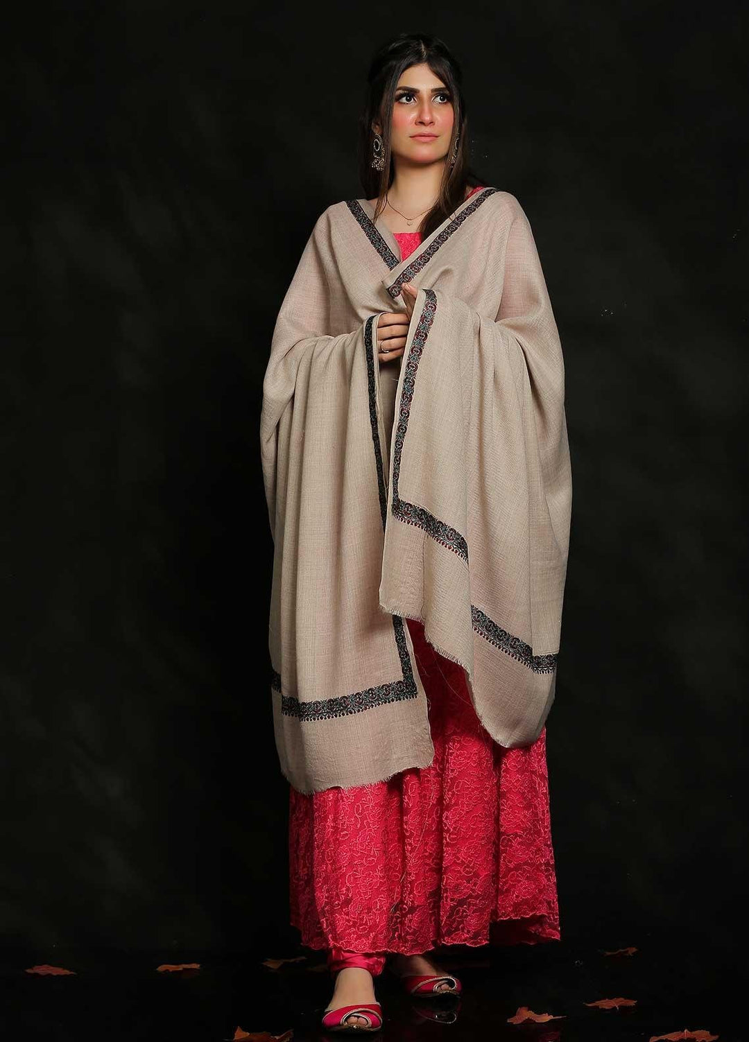 Sanaulla Exclusive Range Embroidered Pashmina  Shawl AKP-07 Grey-2 - Pashmina Shawls