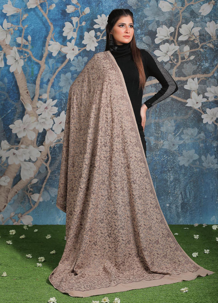 Sanaulla Exclusive Range Embroidered Pashmina  Shawl AKP-11 Fawn-4 - Pashmina Shawls
