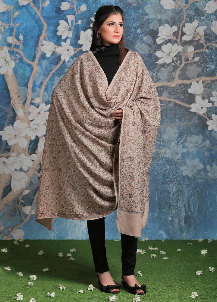 Sanaulla Exclusive Range Embroidered Pashmina  Shawl AKP-11 Fawn-4 - Pashmina Shawls