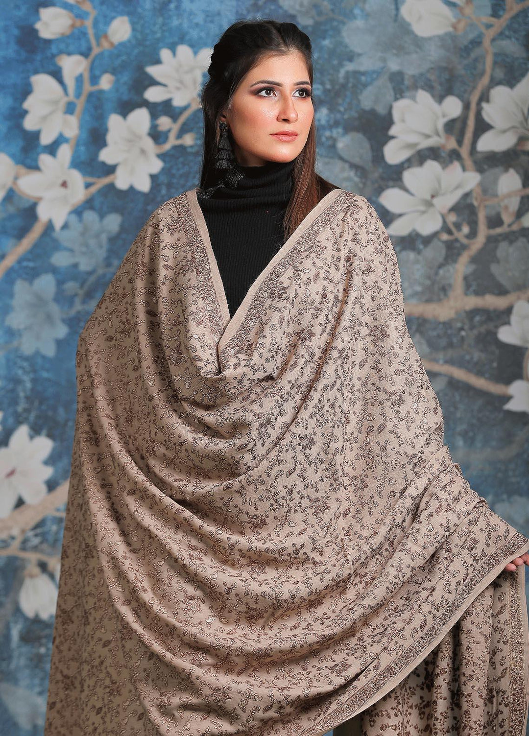 Sanaulla Exclusive Range Embroidered Pashmina  Shawl AKP-11 Fawn-4 - Pashmina Shawls