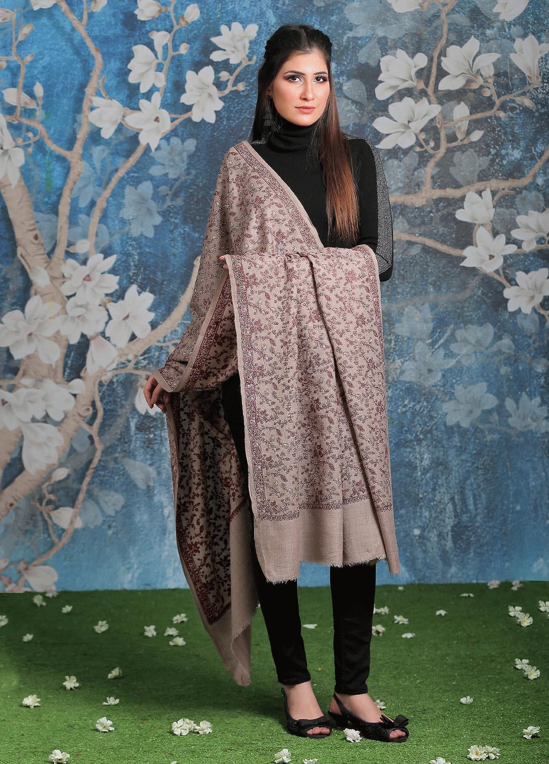 Sanaulla Exclusive Range Embroidered Pashmina  Shawl AKP-11 Fawn-6 - Pashmina Shawls