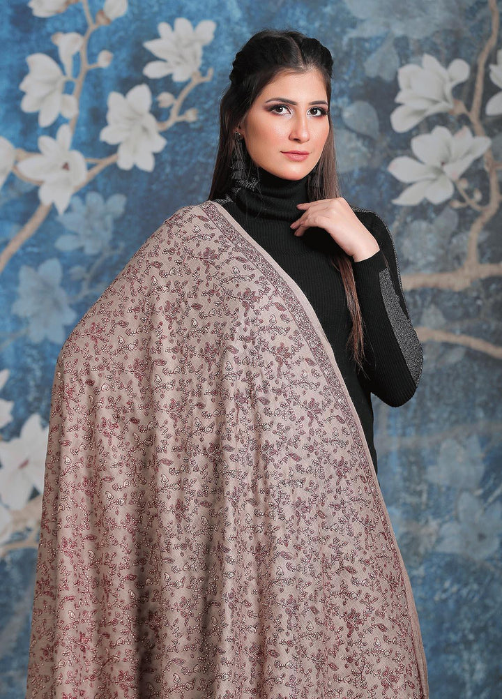 Sanaulla Exclusive Range Embroidered Pashmina  Shawl AKP-11 Fawn-6 - Pashmina Shawls