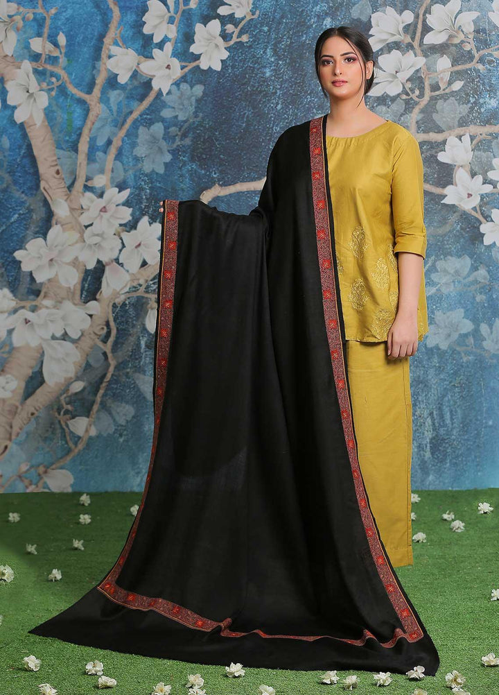 Sanaulla Exclusive Range Embroidered Pashmina  Shawl AKP-13 Black-1 - Pashmina Shawls