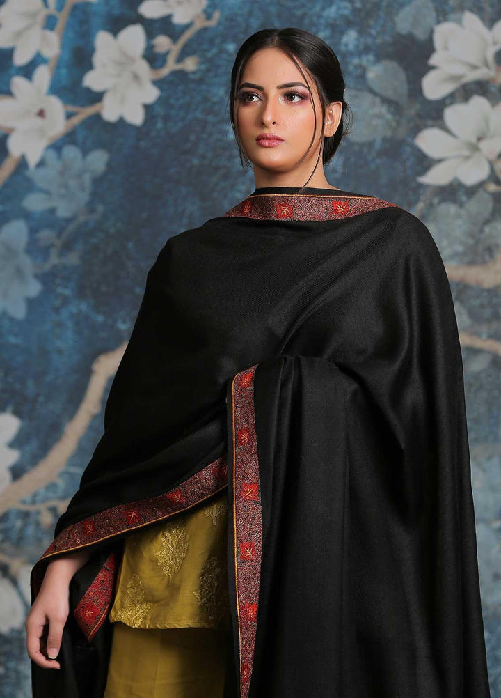 Sanaulla Exclusive Range Embroidered Pashmina  Shawl AKP-13 Black-1 - Pashmina Shawls