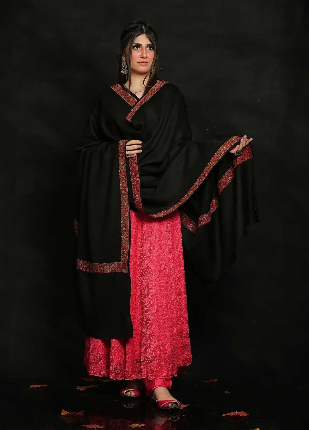 Sanaulla Exclusive Range Embroidered Pashmina  Shawl AKP-13 Black-2 - Pashmina Shawls