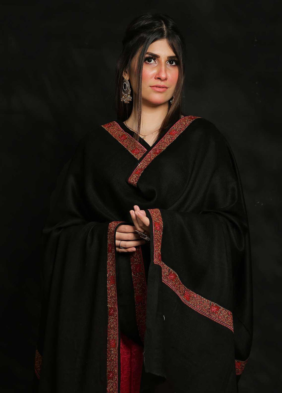 Sanaulla Exclusive Range Embroidered Pashmina  Shawl AKP-13 Black-2 - Pashmina Shawls