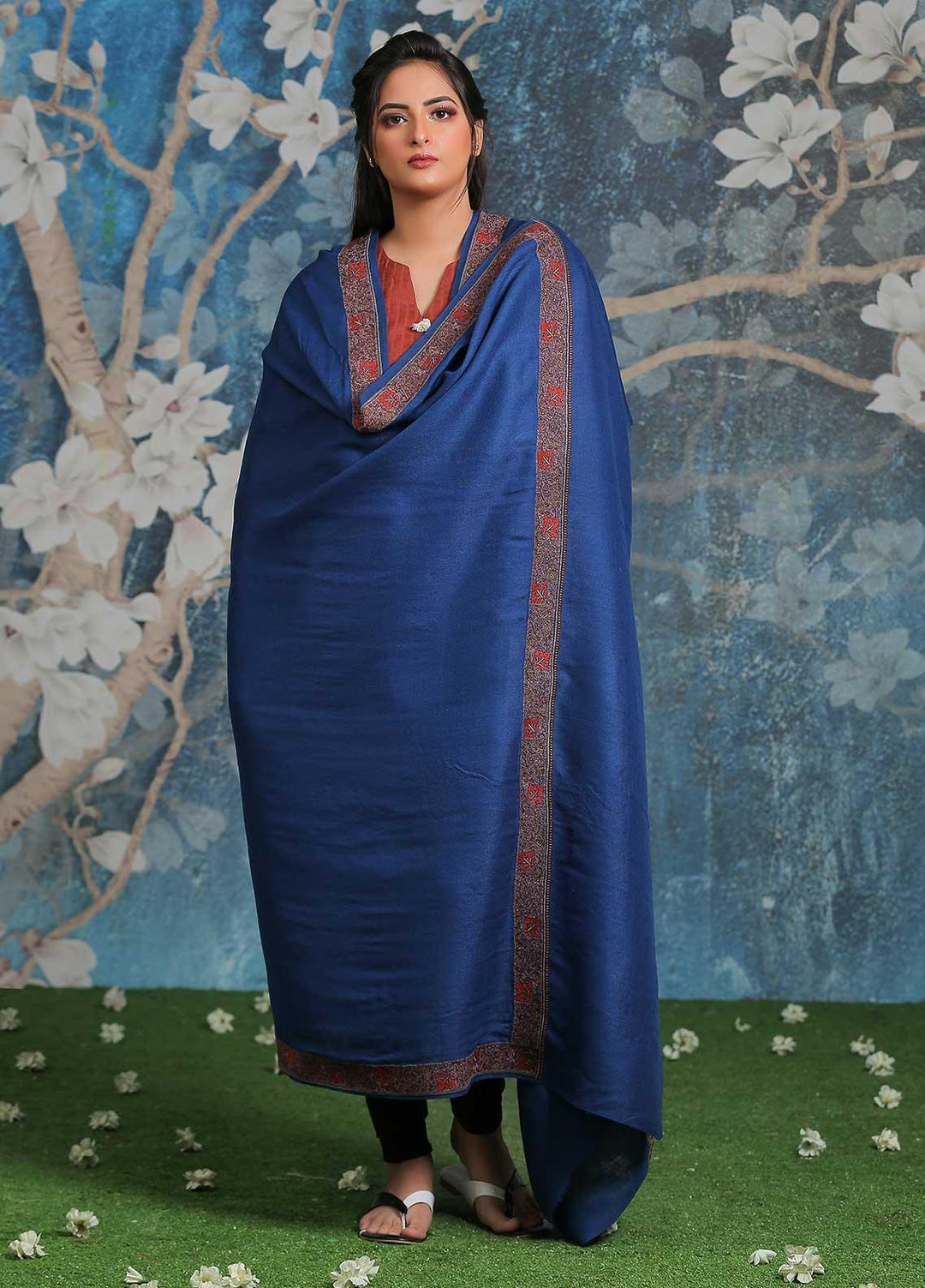 Sanaulla Exclusive Range Embroidered Pashmina  Shawl SU21PP AKP-13 Blue - Pure Pashmina Shawls